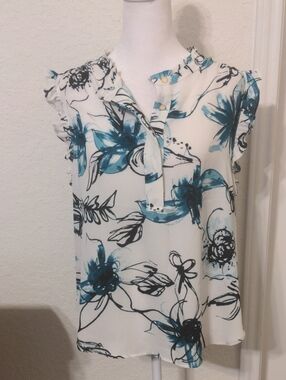 DKNY Women's Teal Tales Sleeveless Floral Flowy Summer Top Blouse. Size PL NWT